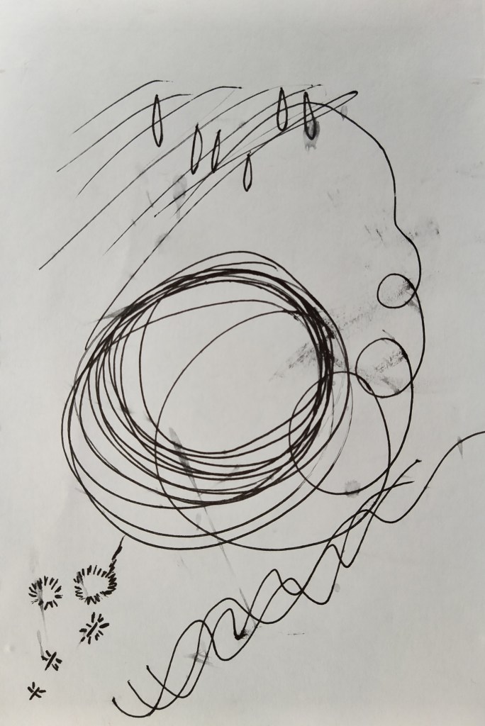 An index card on which there are varous squiggles drawn: an enthusiasti cirlcle, some stars, waves, and droplets.