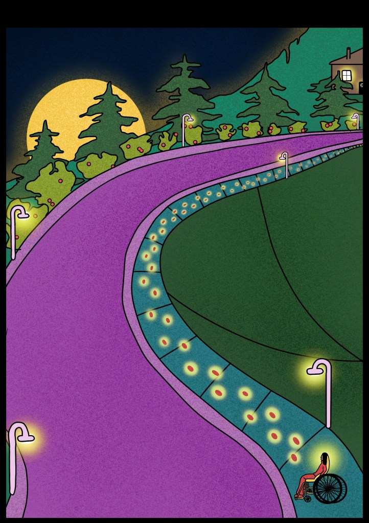 Digital art that features a person in a wheelchair at the bottom of a large hill. There are footprints highlighted up the hill. It is night and there are streetlights illuminating the hill. 