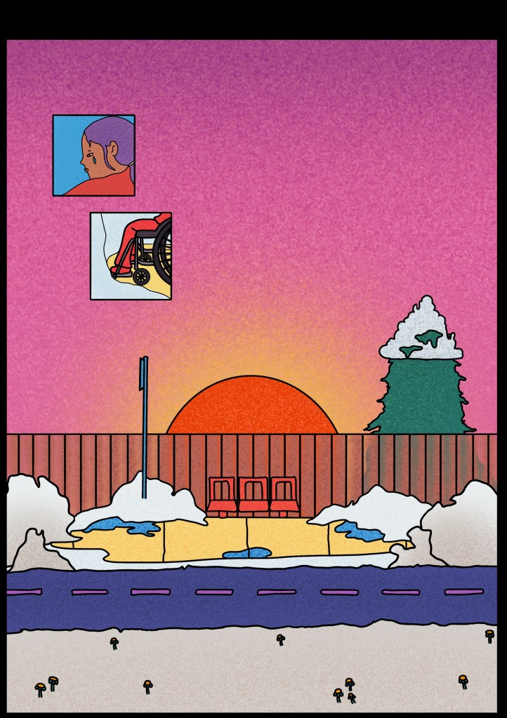 Digital art featuring a snowy bus stop. The sun is setting in the background. In the top left corner there are clippings of a person in a wheelchair stuck in the snow and a person crying. 