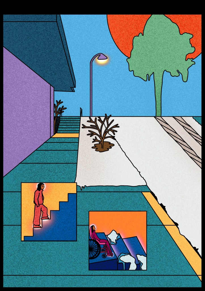 Digital art featuring the side of a building, a parking lot, and stairs. There are clippings on the lower part of the image. One has a person walking up the stairs and the other shows a person in a wheelchair stuck at the top of the steps.