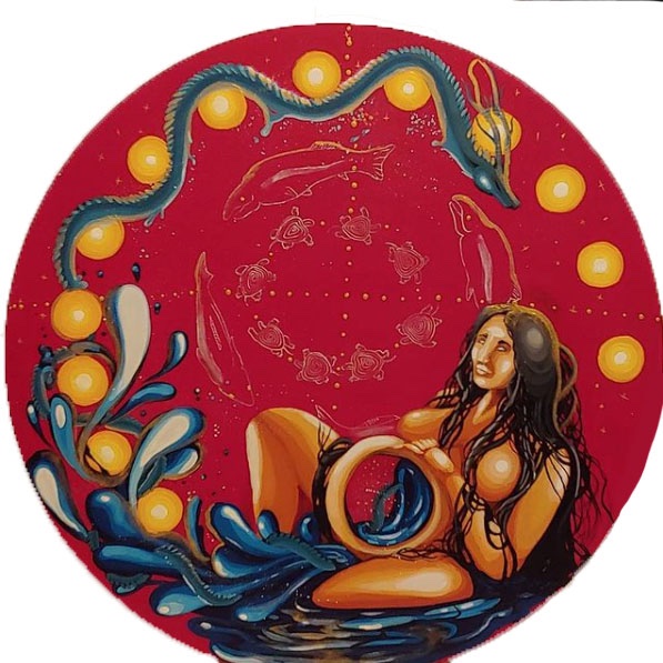 A red circle with a nude pregnant woman at the bottom. Her womb is transparent and there is water inside with the tail of Nx̌ax̌aitkʷ'. The water and Nx̌ax̌aitkʷ' trail around the edge of the circle with orange circles. In the center, there are salmon and turtles swimming in a circle