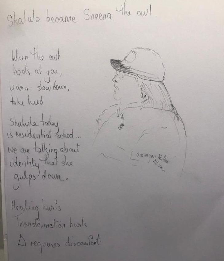 A sketch of a person in a baseball cap. Beside the sketch is written: "Skalula became Sneena the owl. When the owl hoots at you, learn: slow down, take head. Skalua today is residential school... we are talking about identity that she gulps down. Healing hurts. transformation hurts. Change requires discomfort."