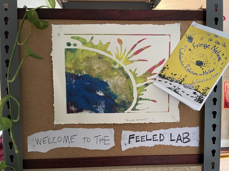 A bulletin board with a colourful print called "Fringe Wetlands" posted to it. Also pinned to the board are a yellow "Fringe Natures" zine and the handprinted sign "Welcome to the FEELed Lab". The tendrils of a plant fall over the top of the sign.