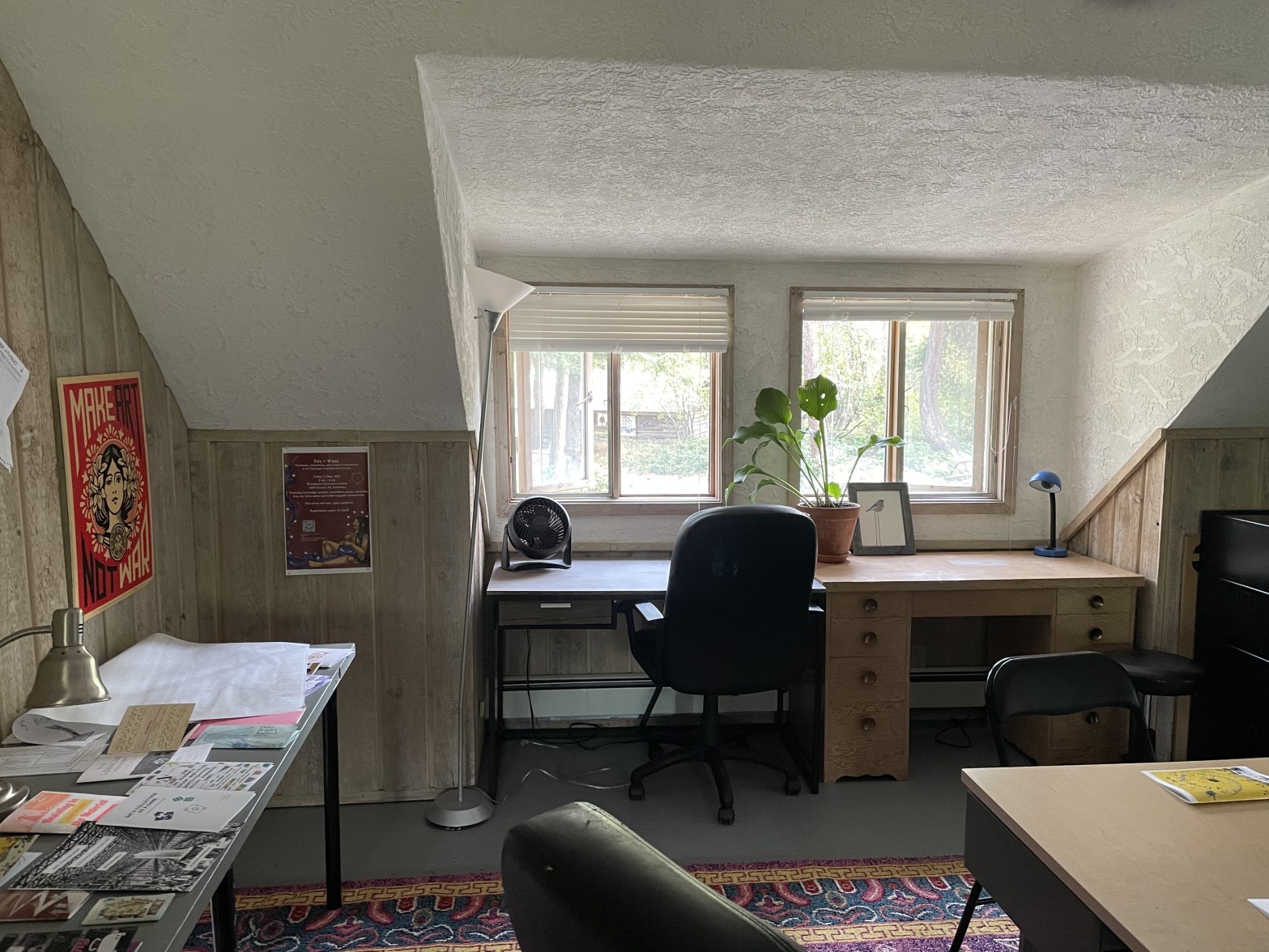 Two desks under a window, and part of a desk in the foreground. An office chair, several posters, and reading materials are also visible. A colourful carpet is on the floor, and a white ceiling slopes down to two windows in a dormer.