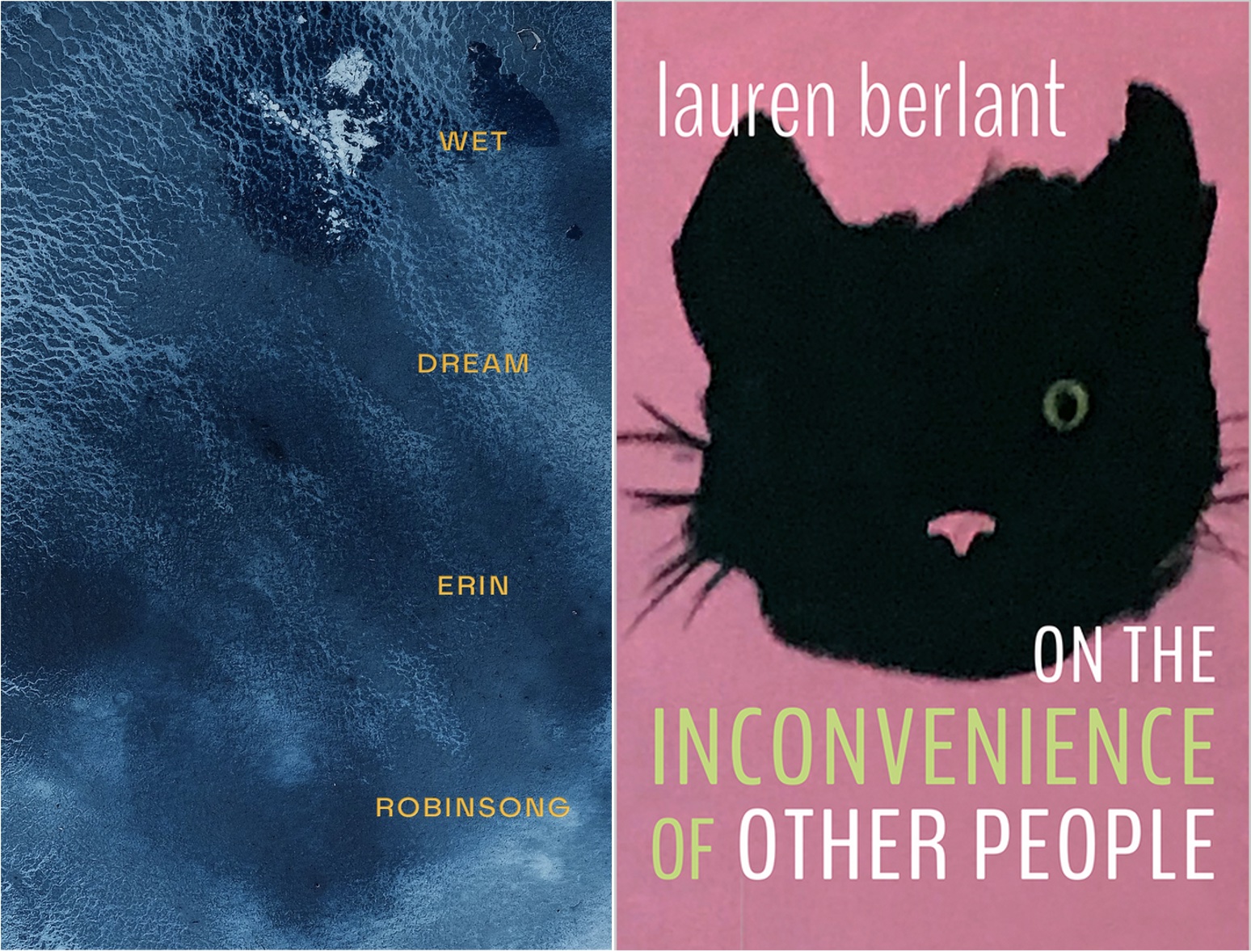 a blue book cover with gold print reading "Wet Dream - Erin Robinsong" is next to a pink book cover featuring the face of a black cat with a pink nose and one green eye. The text reads "Lauren Berlant - On the Incovenience of Other People"