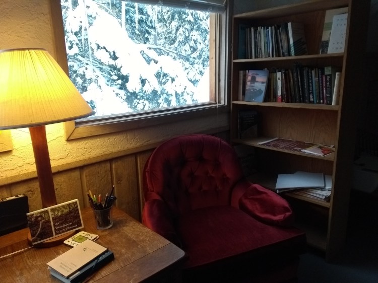 A red velvel chair sits under a window, through which snow-laden trees are visible. To the right of the chair is a bookshelf with books; to the left, a yellow lamp is warmly glowing.