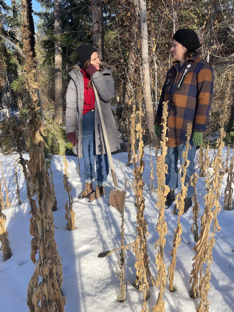Two women are facing each other, standing in the snow, at the edge of a forest. One woman leans against a large shovel.