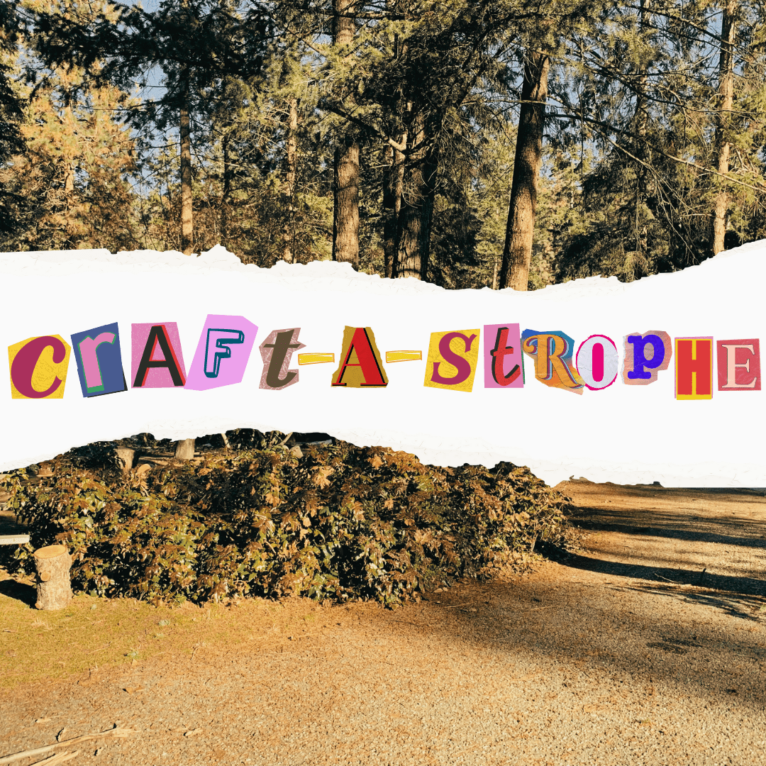 The FEELed Lab yard with tall trees and a gravel driveway with the word craft-a-strophe across in cut out magazine letters