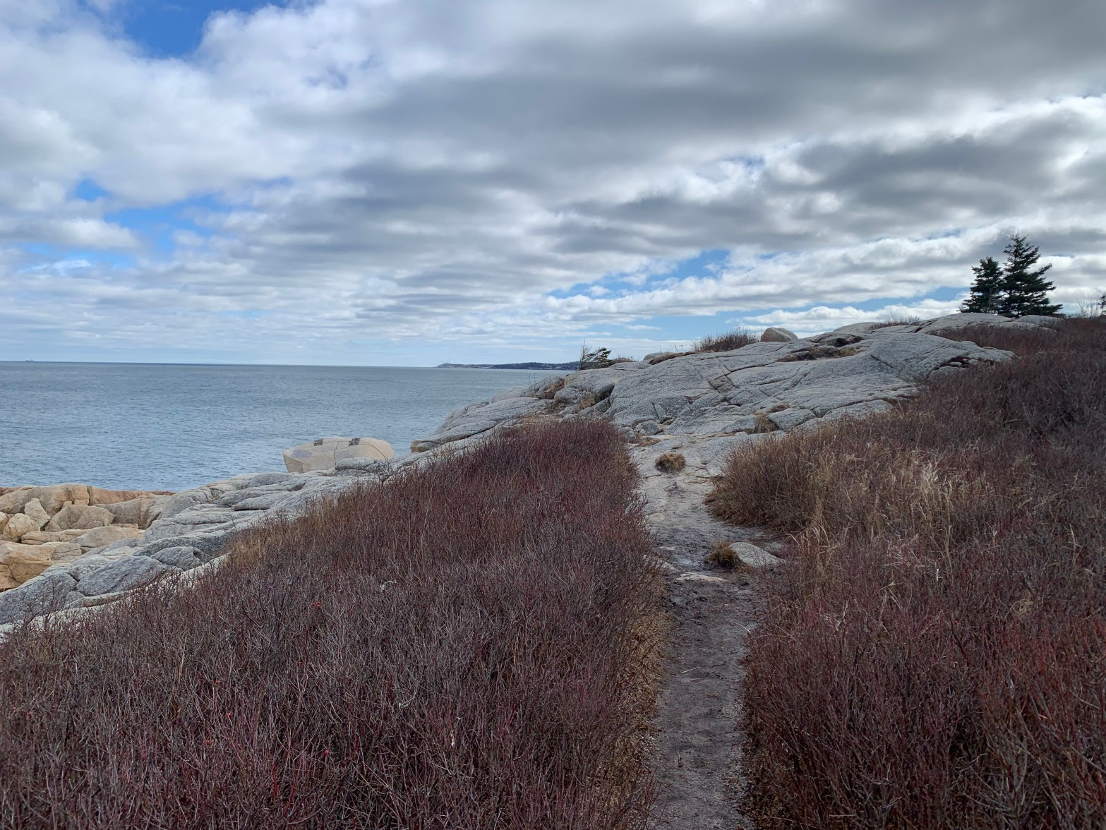 A path climbs a rocky mount through the low brown brush. Over the other side, behing the smooth grey rocks, a blue-grey gently rippled ocean is visible.