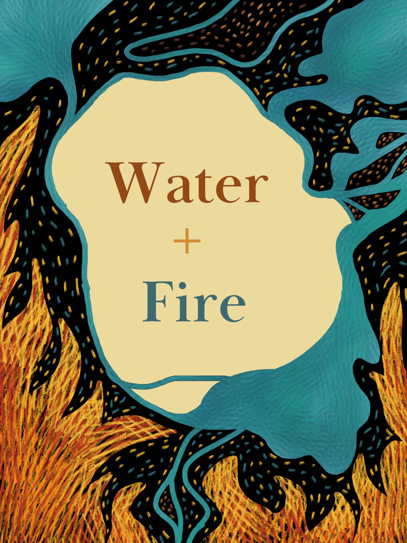 An abstract design in orange and blue with Water + Fire written on it.