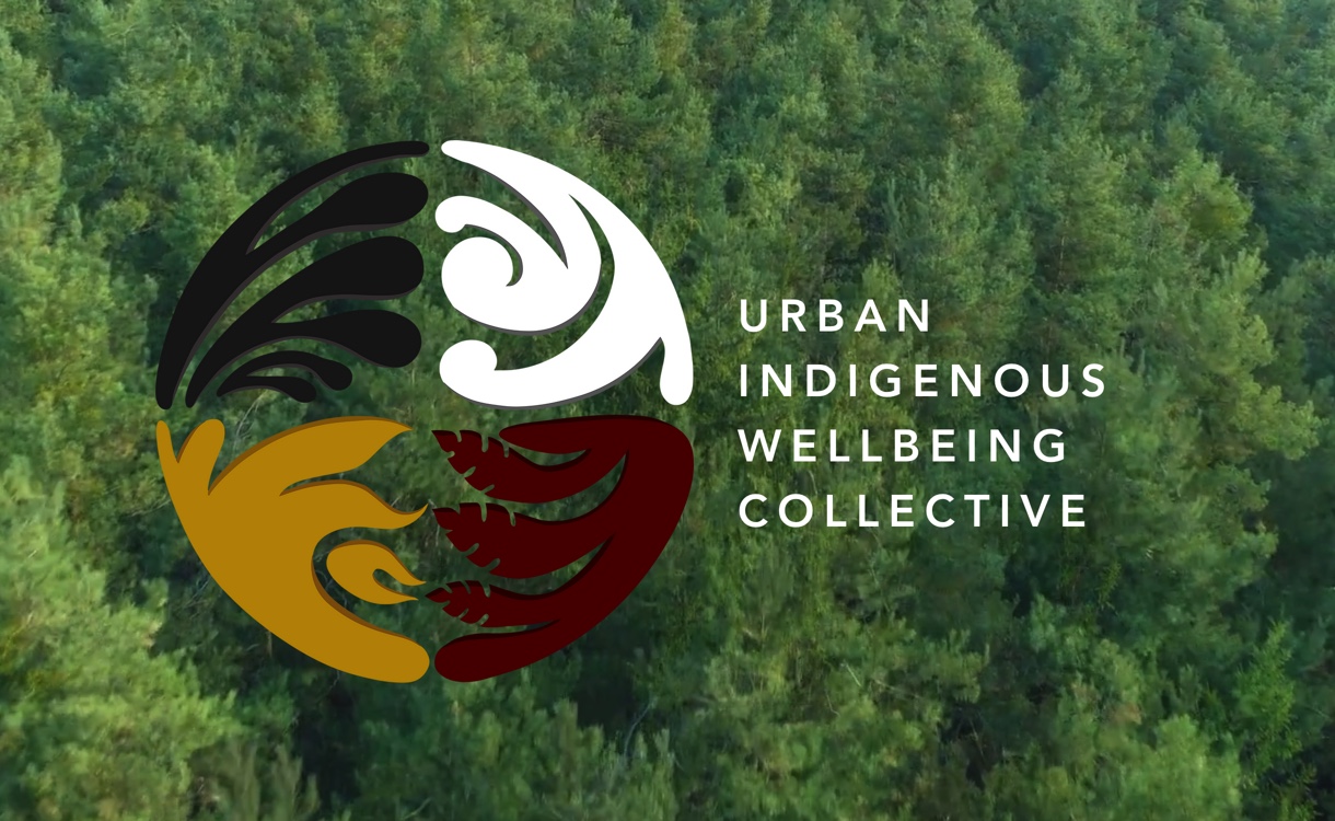 A black, white, red ad yellow circular logo with the words "Urban Indigenous Wellbeing Collective" on a background of a green forest