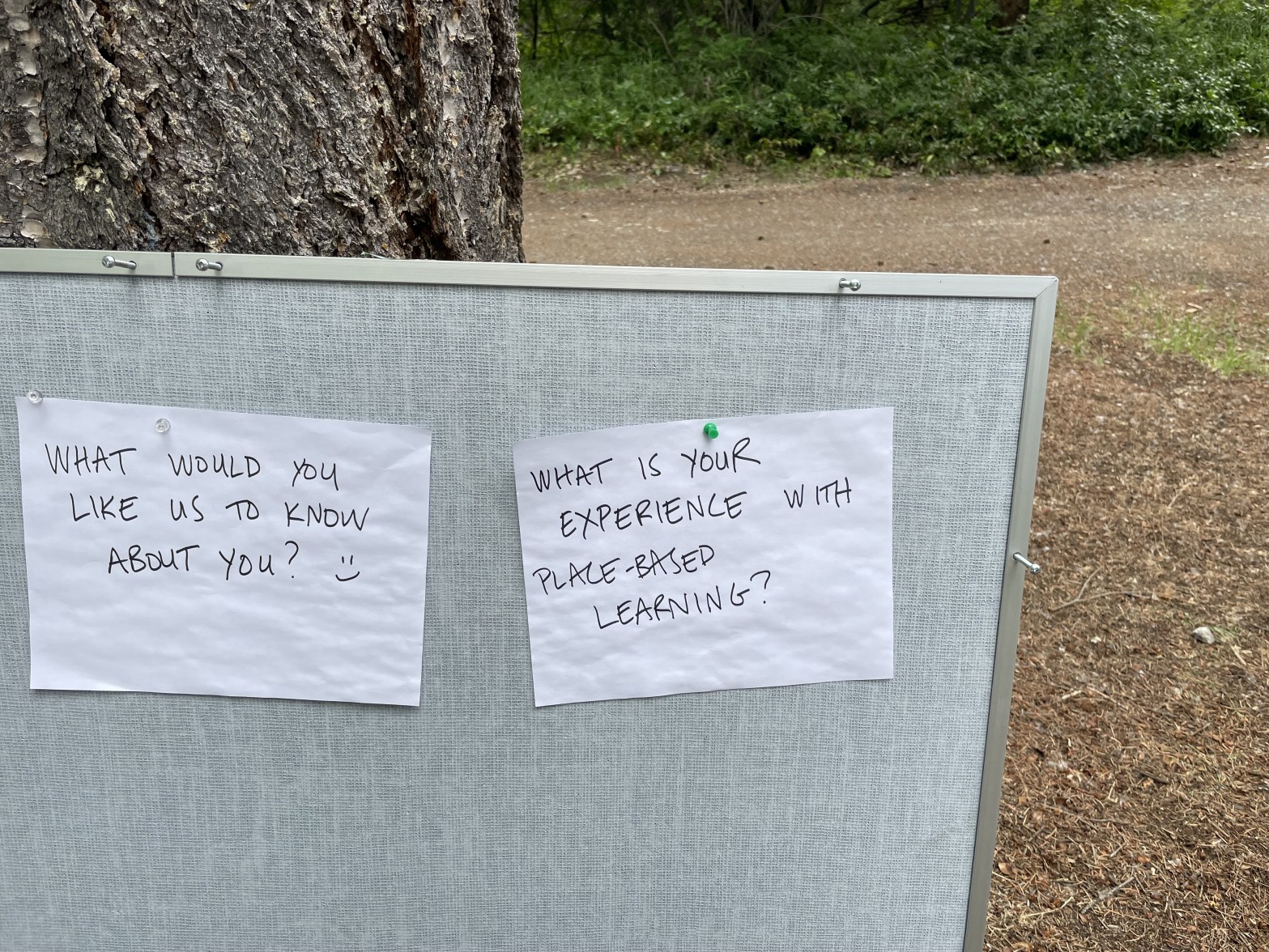 A pinboard with two handwritten signs "What would you like us to know about you?" and "WHat is your experience with Place-Based Learning?", resting against a tree trunk.