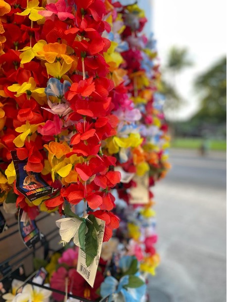 Rows of colourful leis on a rack for sale