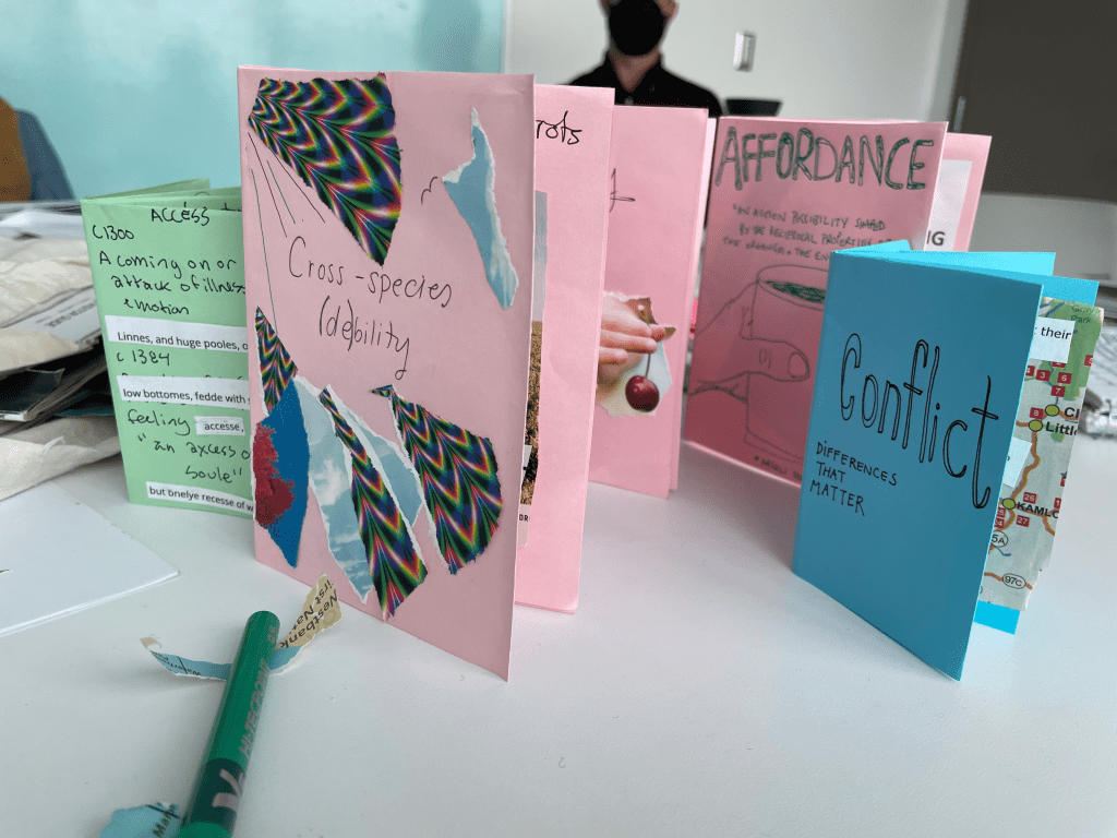 Three pink, a blue, and a green coloured zine stand upright with pages spread. A pretty, multi-coloured, and creative mode of thinking with concepts and terms.