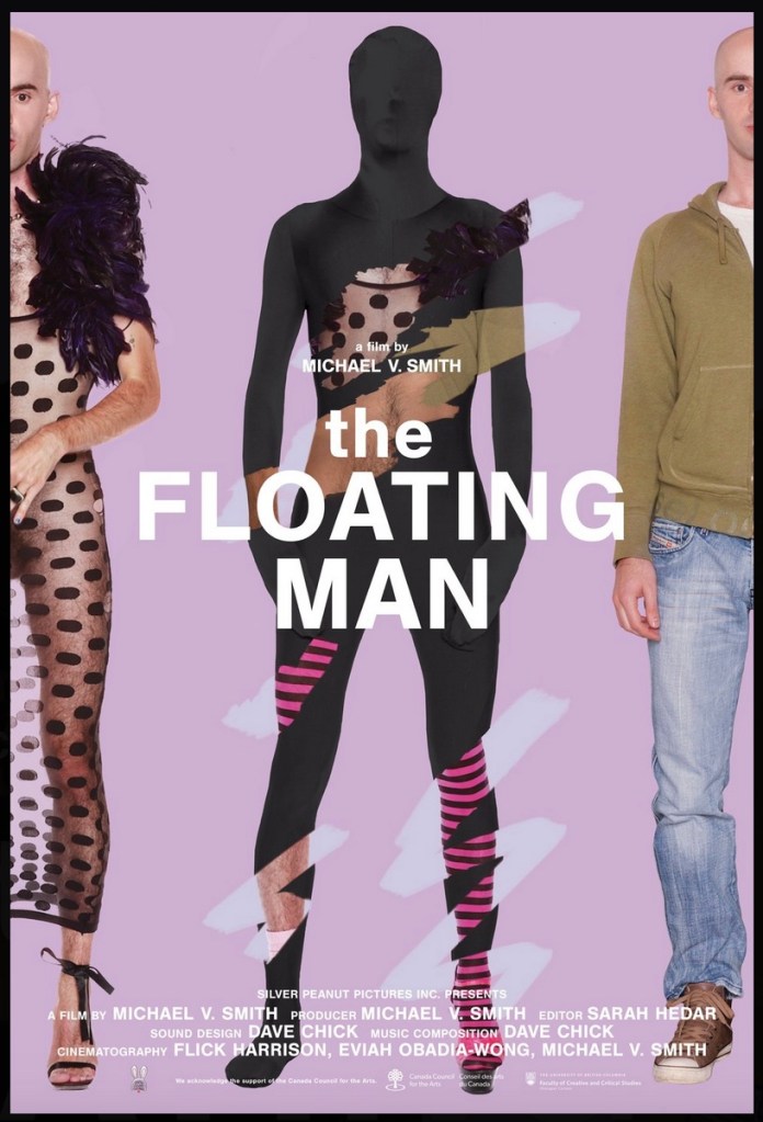 A pink cover showing three curiously clad figures. THis is the cover image forMichael V. Smith's film, The Floating Man