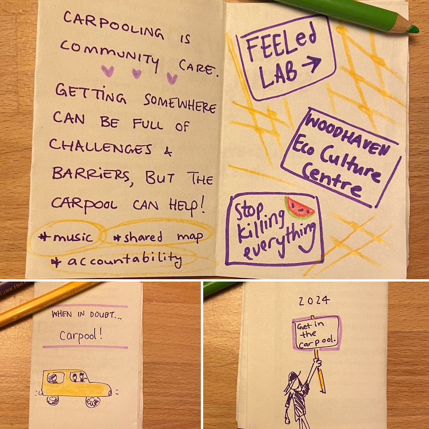 A composite image of a colourful handmade zine with images and words such as a figure holding up a sign saying "Get in the Carpool"