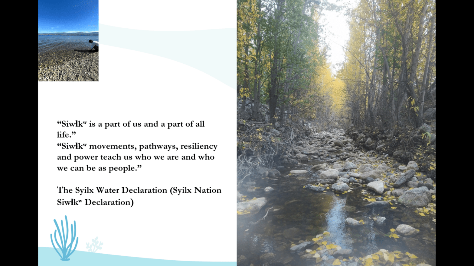 A screenshot of a PowerPoint slide featuring two photos. One of a creek surrounded by trees, and another of a person crouched by Okanagan Lake. It includes text from The Syilx Water Declaration, part of which reads “Siwɬkʷ is a part of us and a part of all life”.