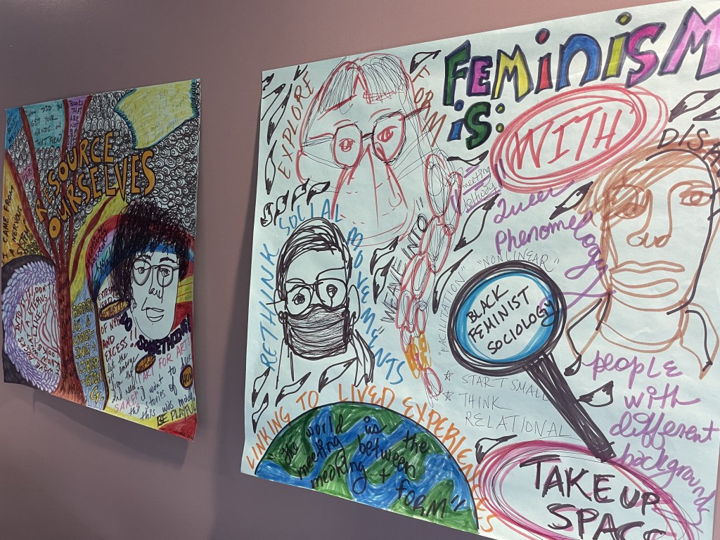Two images with colourful drawings of people, patterns and phrases such as "black feminist sociology" and "take up space"