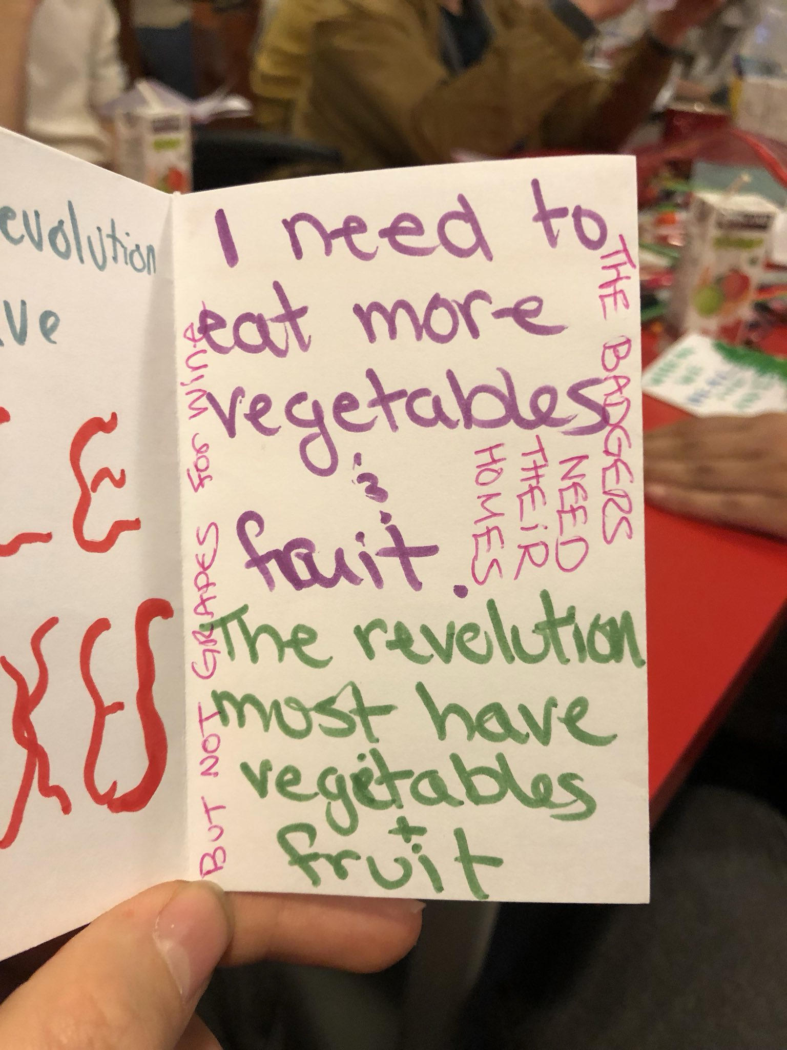 Zine page saying "I need to ear more vegetables & fruit. The revolution must have vegetables + fruit"