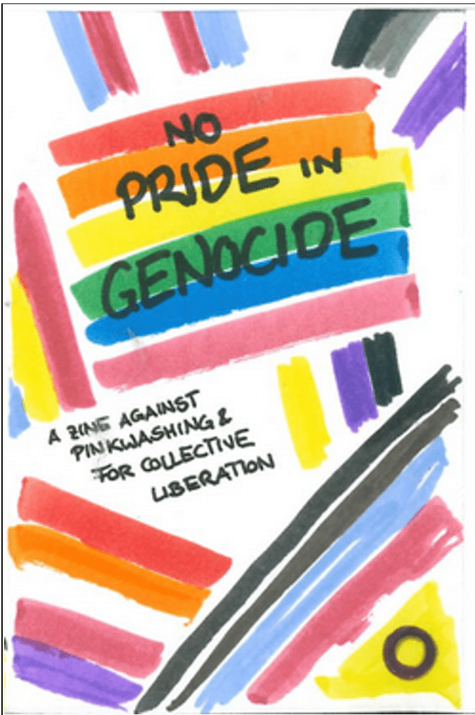 A colourful zine called No Pride in Genocide: A Zine Against Pinkwashing for Collective Liberation