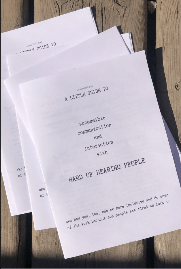 A pile of zines with the title: A little guide to accessible communication and interaction with HARD OF HEARING PEOPLE