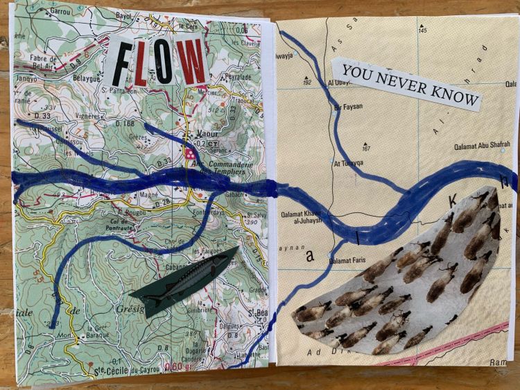 Collaged zine page showing a river drawn on a map and cut out text saying "Flow - you never know"