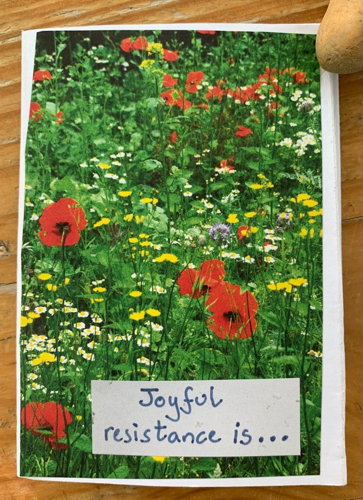 Zine page with a photo of a wildflower meadow and the text "Joyful resistance is..."