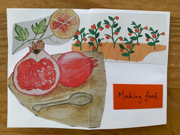 Zine page showing a small garden, pomegranate and text "Making food"