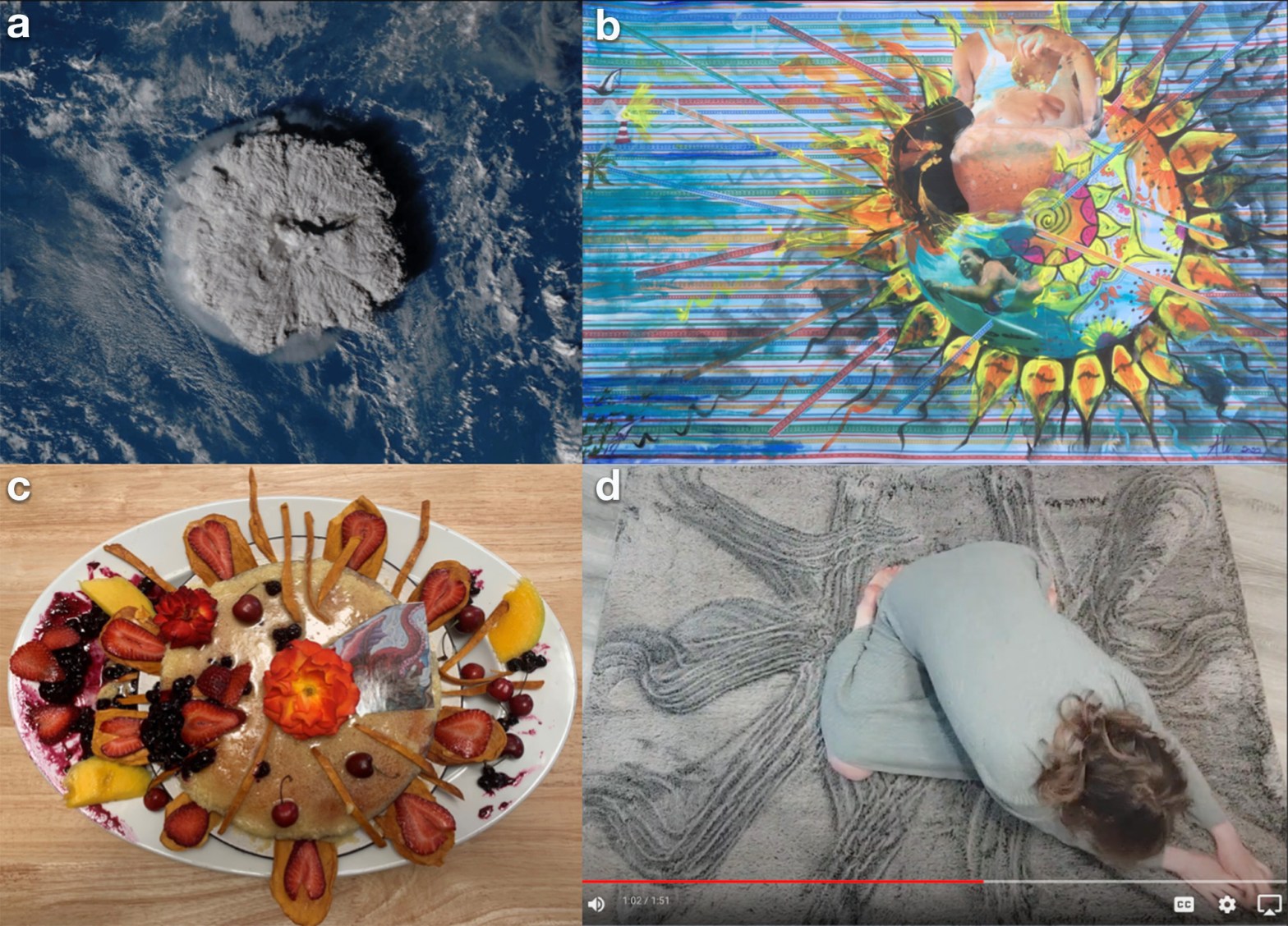 Seed image and derivative artworks from one thread in Cycle 2. (a) Satellite image of the Hunga Tonga volcanic eruption. (b) Initial work in the 3-part thread: untitled mixed media work by Neilson. (c) Second work of the 3-part thread, based on image b: an untitled edible sculpture by Zivian. (d) Third work in the 3-part thread showing a still frame from a dance recording performed by Cherkasheva