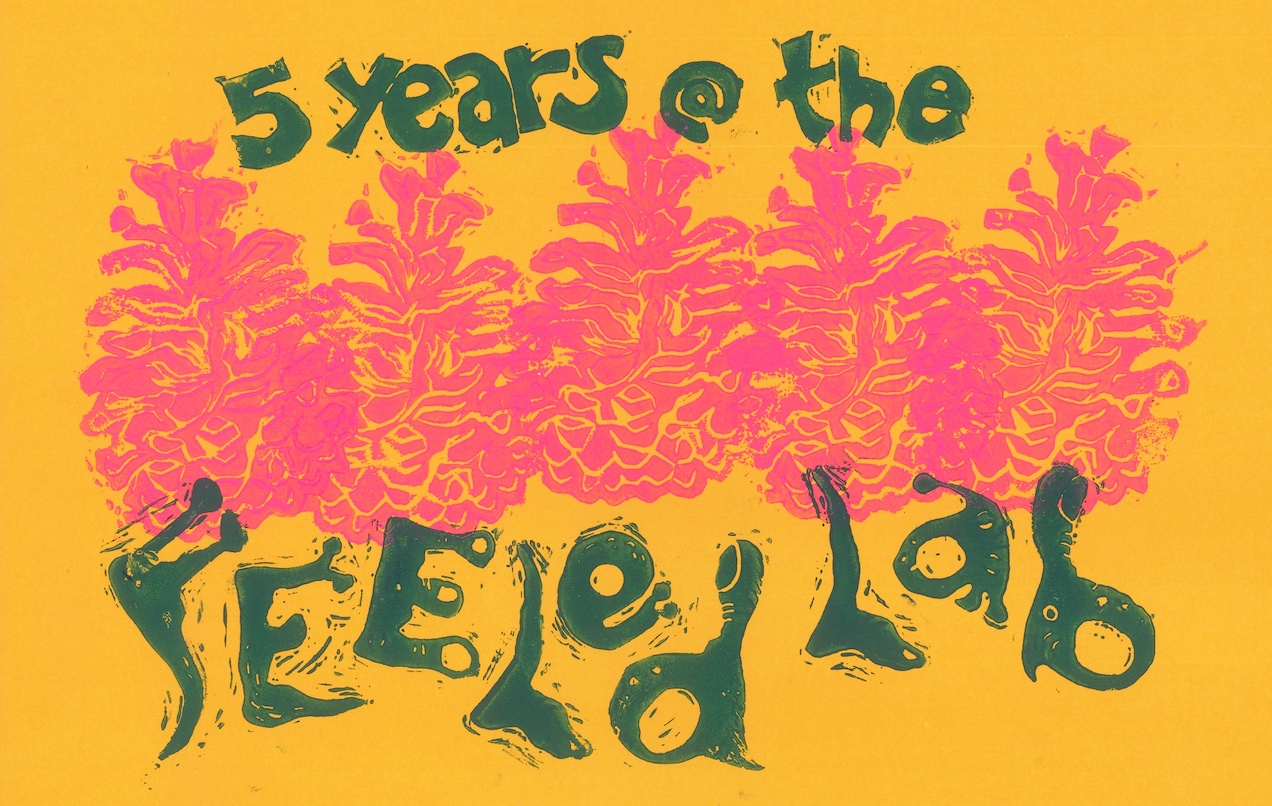 A block print image that says "5 years at the FEELed Lab" with 5 funky hot pink ponderosa pine cones