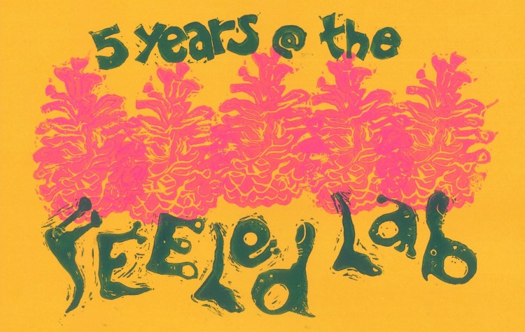 A block print image that says "5 years at the FEELed Lab" with 5 funky hot pink ponderosa pine cones