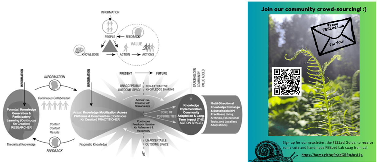 Composite image of a complicated black and white knowledge mobilization diagram with our colourful poster for our snail-mail sign up with an unfurling fern leaf in the sun and a comic snail on the bottom