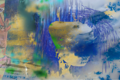 watery collage of blue and yellow showing a sky obscured by drawings and clouds