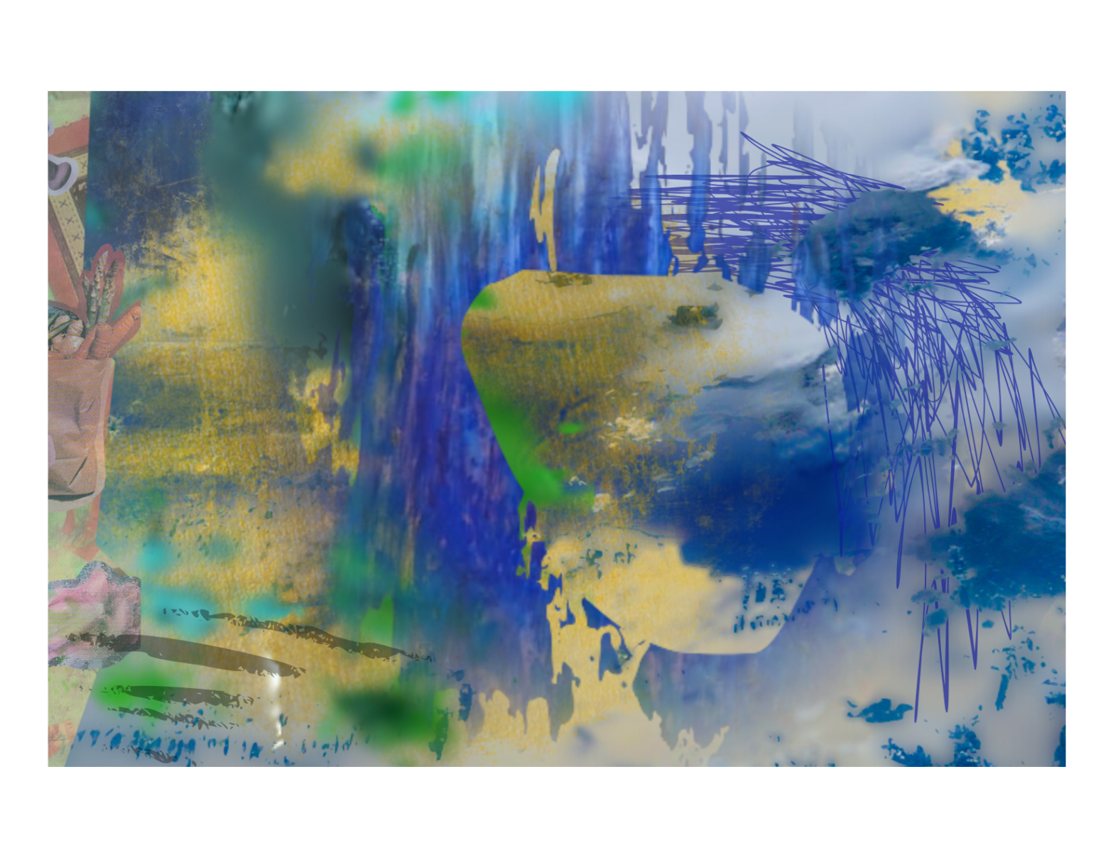 watery collage of blue and yellow showing a sky obscured by drawings and clouds