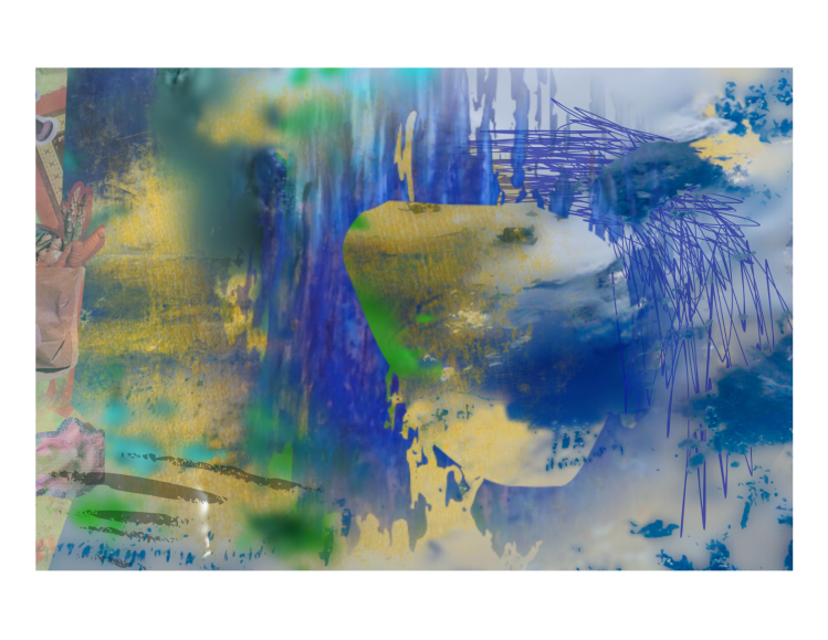 watery collage of blue and yellow showing a sky obscured by drawings and clouds
