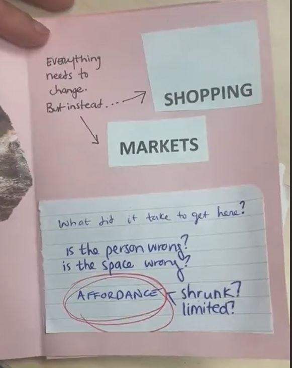 A pink zine page has hand-written and collaged words from a magazine. It reads “Everything needs to change. But instead … SHOPPING, MARKETS. What did it take to get here? is the person wrong? Is the space wrong? AFFORDANCE shrunk? limited?”. Affordance is circled in red.