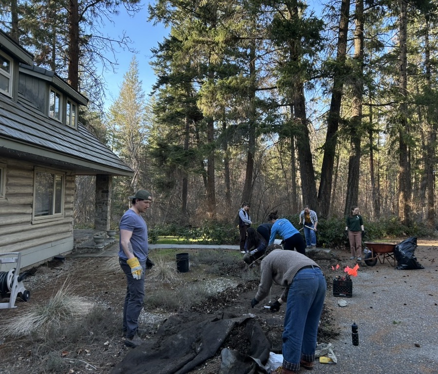 People landscaping the garden space in front of the FEELed lab by hauling away rocks and removing old landscaping tarp.