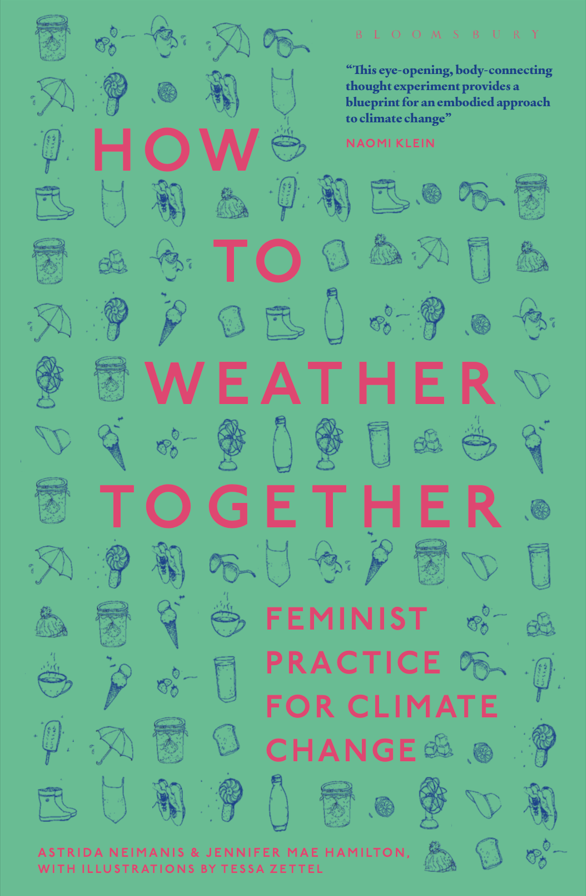 Book cover of "How to Weather together" it is mint-green with bright pink text and lots of small icons showing different weather-related items such as sunglasses, umbrellas and ice cream in dark blue.