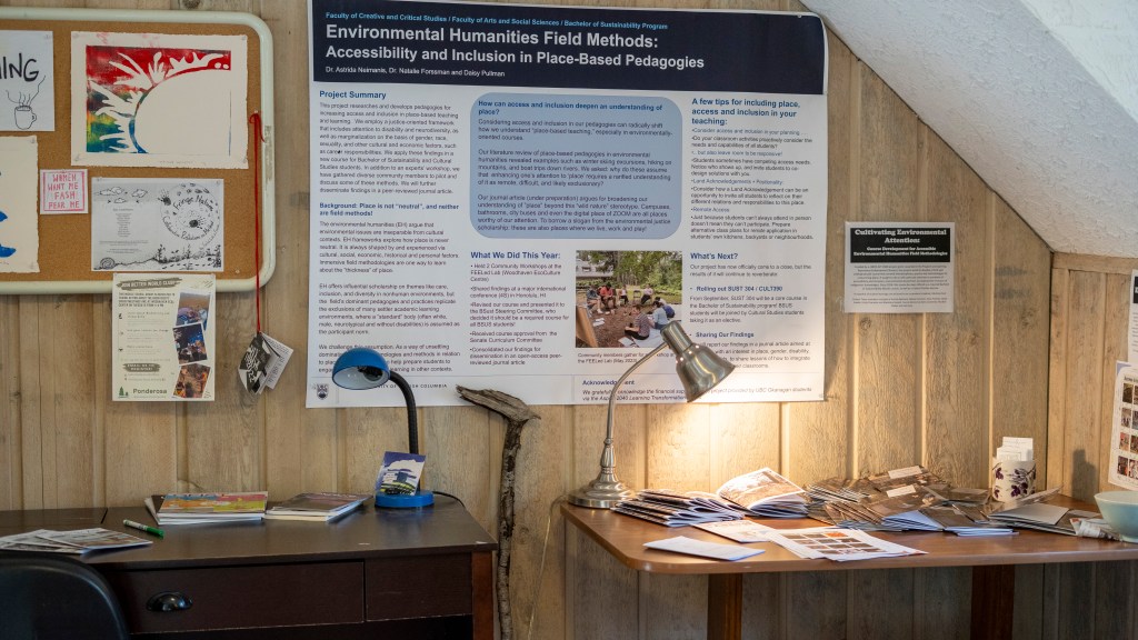 Poster on access and inclusion in the lab with two tables and lots of zines