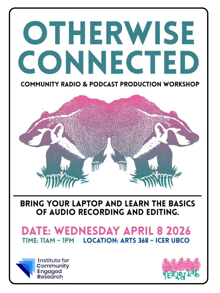 Poster for the "Otherwise Connected" workshop featuring a mint green and pink linoprint of a mirror image of two badgers