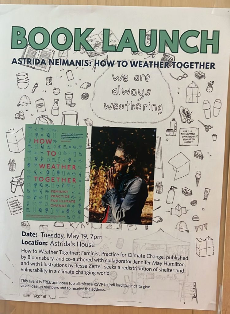 a poster with Astrida's book cover and an informal author photo, on a backdrop of Tessa Zettel's line drawing and the tagline "we are always weathering"