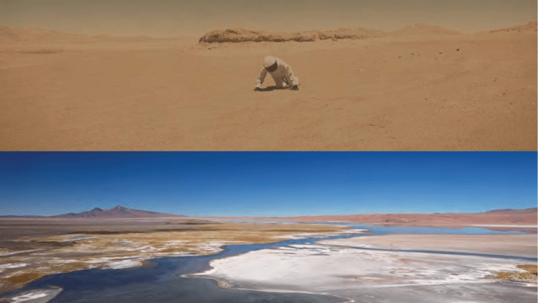 Banner image of two overlayed photographs, one showing an astronaut on Mars, the other a salt lake in the Atacama Desert.