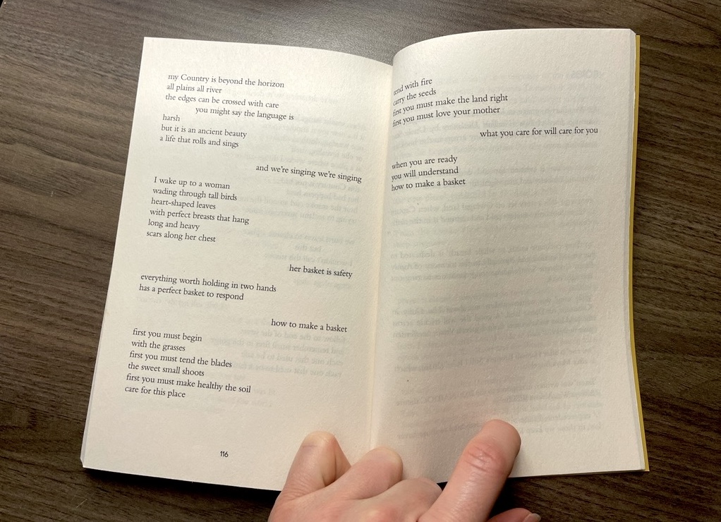 Photo credit: Susanne
Last two pages of poem “how to make a basket” in poetry collection of the same name by Jazz Money, pp. 116-117 