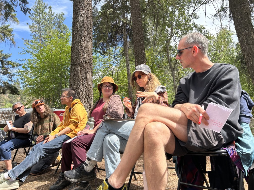 Close up of a row of people sitting on chairs engaged in conversation in the sunshine.