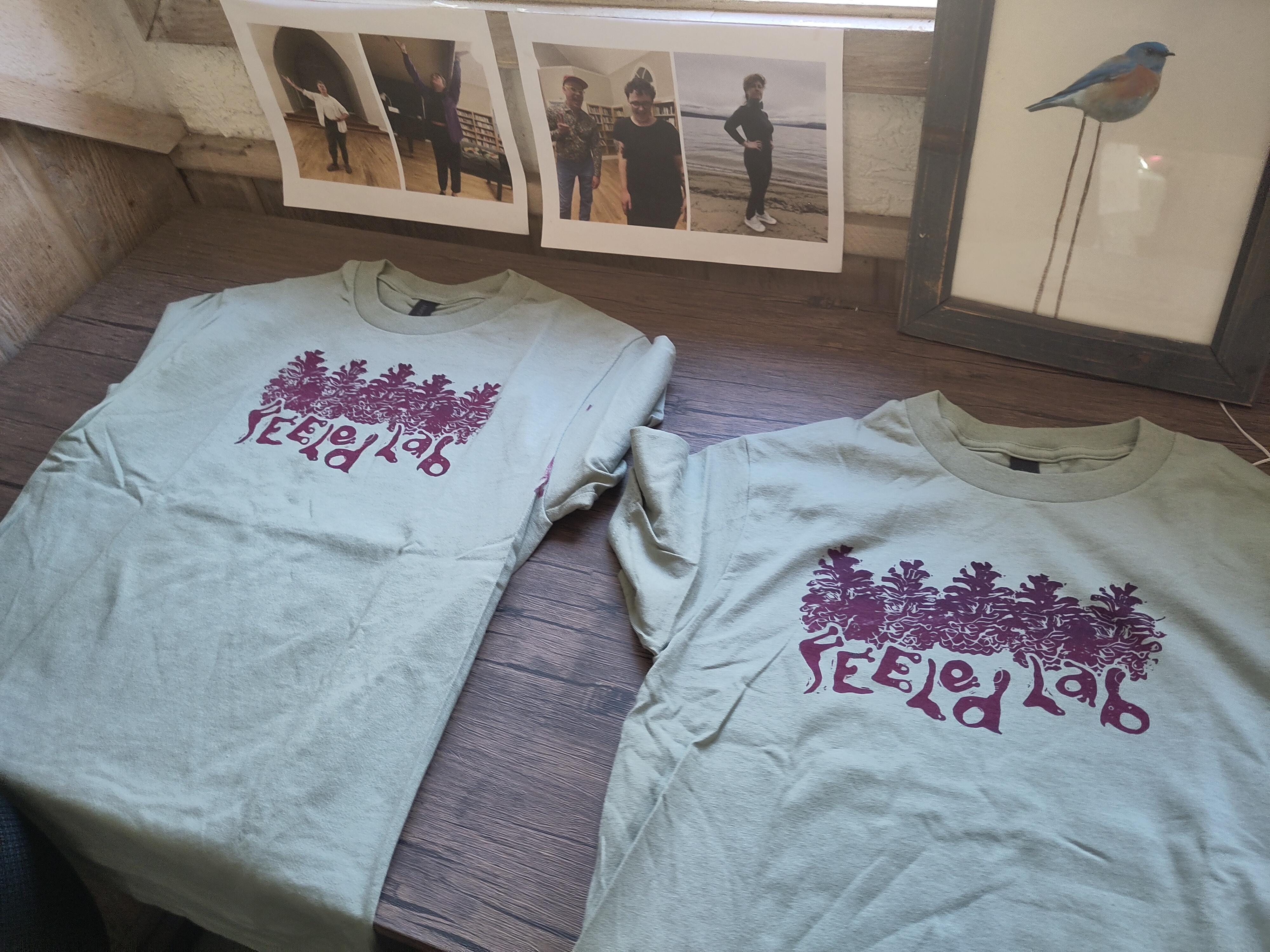 Two light green t-shirts with the new FEELed Lab logo printed on it drying on a desk. The logo shows 5 pinecones and the words "FEELed Lab" and the ink is dark red.
