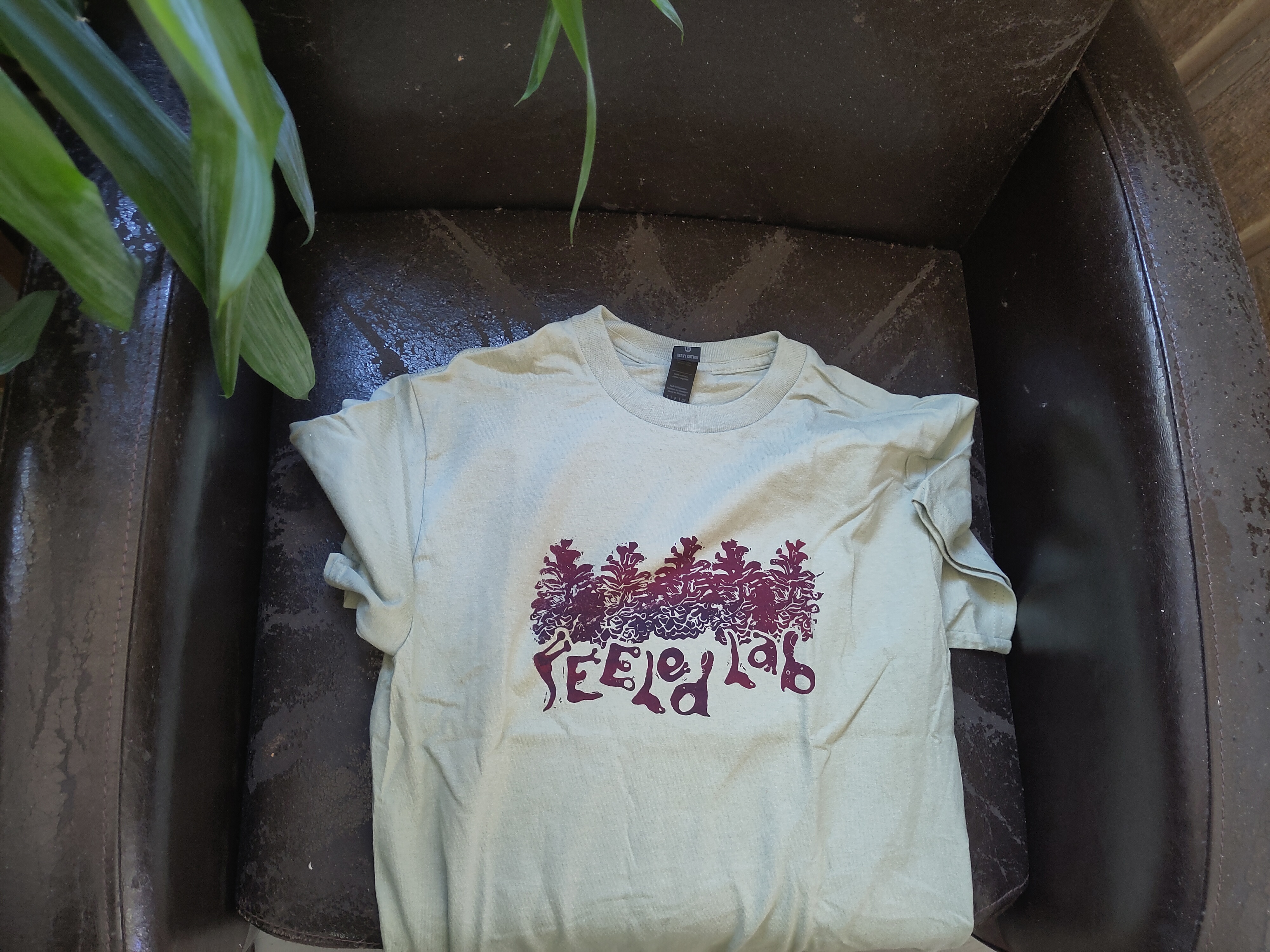 Light green t-shirts with the new FEELed Lab logo printed on it drying on a black armchair. The logo shows 5 pinecones and the words "FEELed Lab" and the ink is dark red.