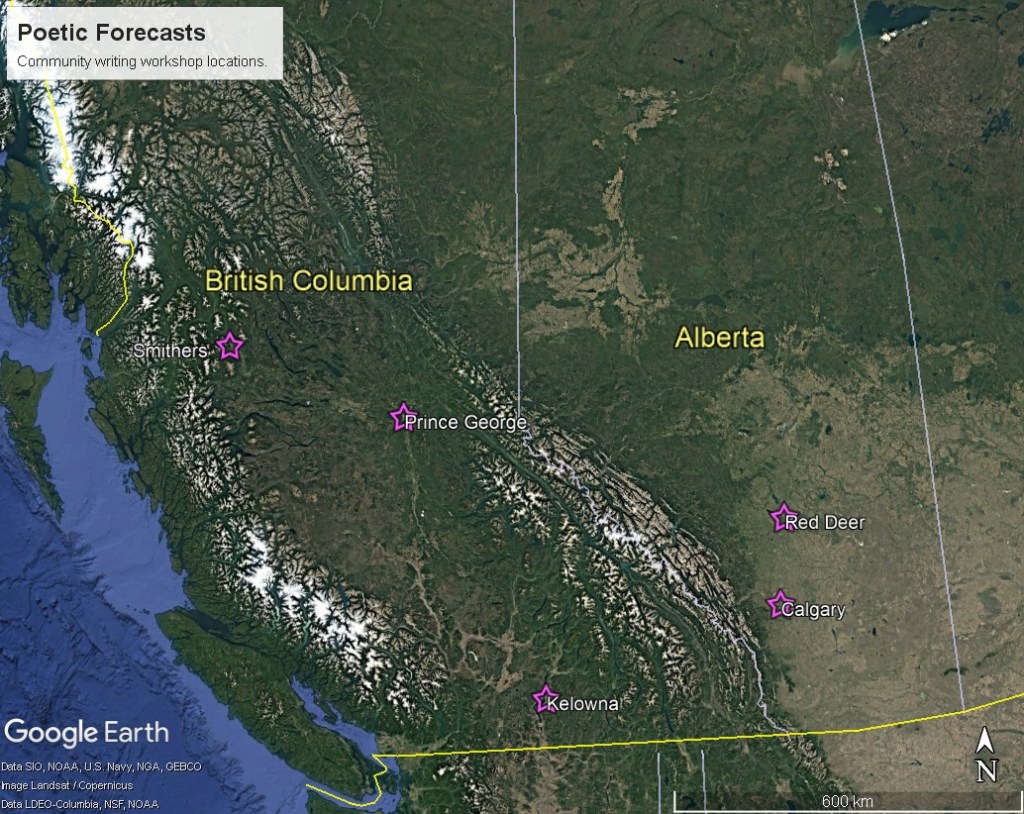 Google Earth satellite map that highlights the Poetic Forecast community writing workshop locations: Smithers, Prince George, Kelowna, Red Deer & Calgary