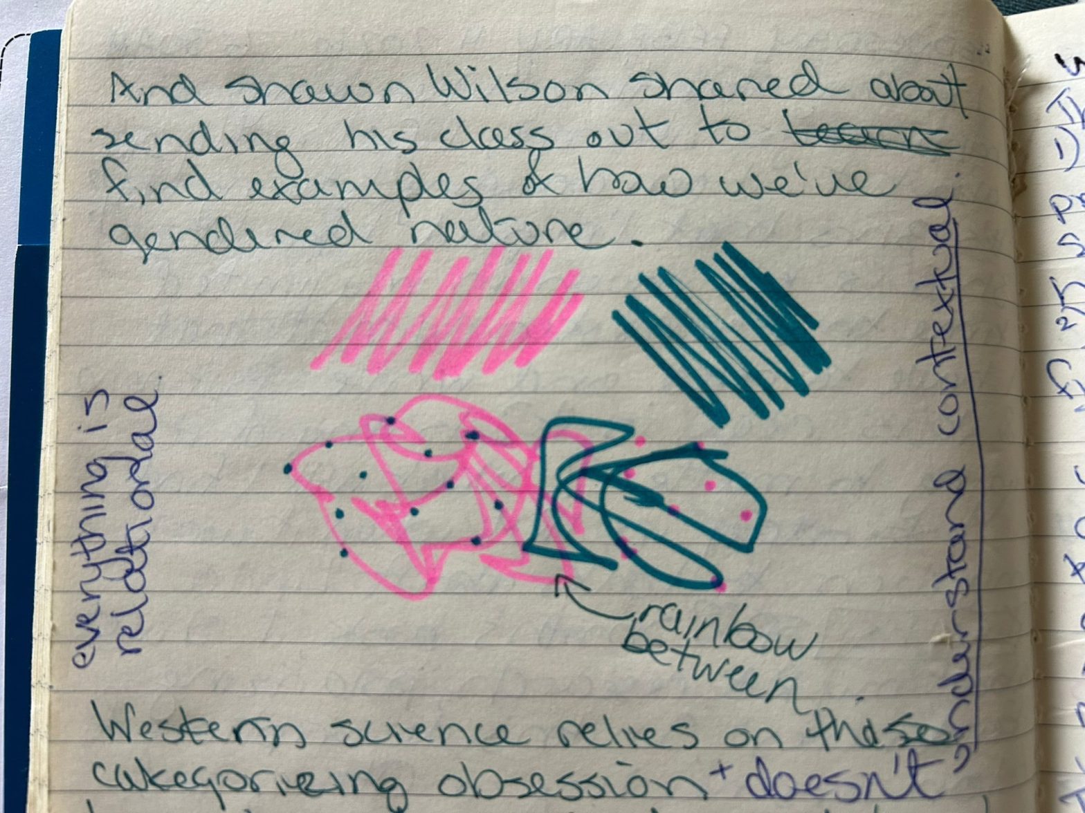 Jamie's class notes during Shawn Wilson's story featuring the drawing of pink and blue lines on a simple lined notebook page.