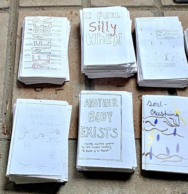 six zines next to each other on a table, one of them says "REMEMBER" another "I feel silly when" and "Another body is possible"