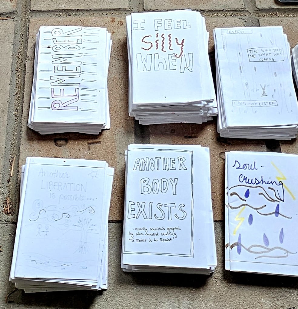 six zines next to each other on a table, one of them says "REMEMBER" another "I feel silly when" and "Another body is possible"